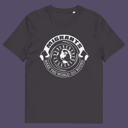 Anthracite t shirt. An anti racism t shirt showing support for migrants. If you believe that migrants help keep the gene pool fresh and encourage culture growth, or just believe there should be no borders, this migrant rights t shirt is for you. Made from 100% organic ring-spun cotton, this anti racism t shirt is unisex, high-quality, super comfy, and best of all, eco-friendly.