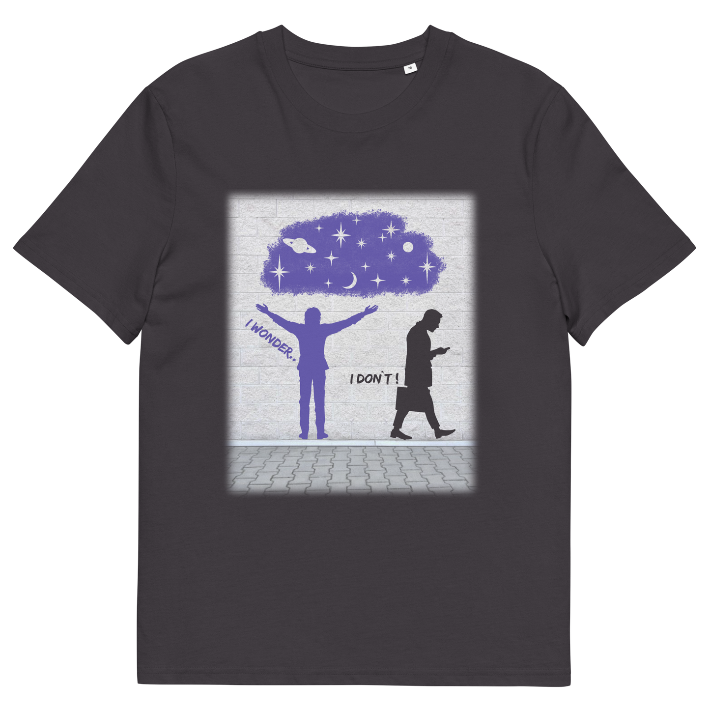 Anthracite t shirt. This anti mobile phone abuse t shirt light heartedly pokes fun at people who never look up from their phone. If you believe letting a machine do most of your thinking for you will dull your imagination, this satirical design is for you. Made from 100% organic ring-spun cotton, these anti mobile phone abuse t shirts are unisex, high quality, super comfy, and best of all, eco-friendly.