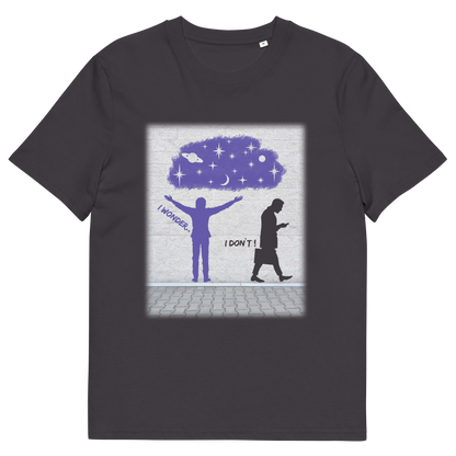 Anthracite t shirt. This anti mobile phone abuse t shirt light heartedly pokes fun at people who never look up from their phone. If you believe letting a machine do most of your thinking for you will dull your imagination, this satirical design is for you. Made from 100% organic ring-spun cotton, these anti mobile phone abuse t shirts are unisex, high quality, super comfy, and best of all, eco-friendly.