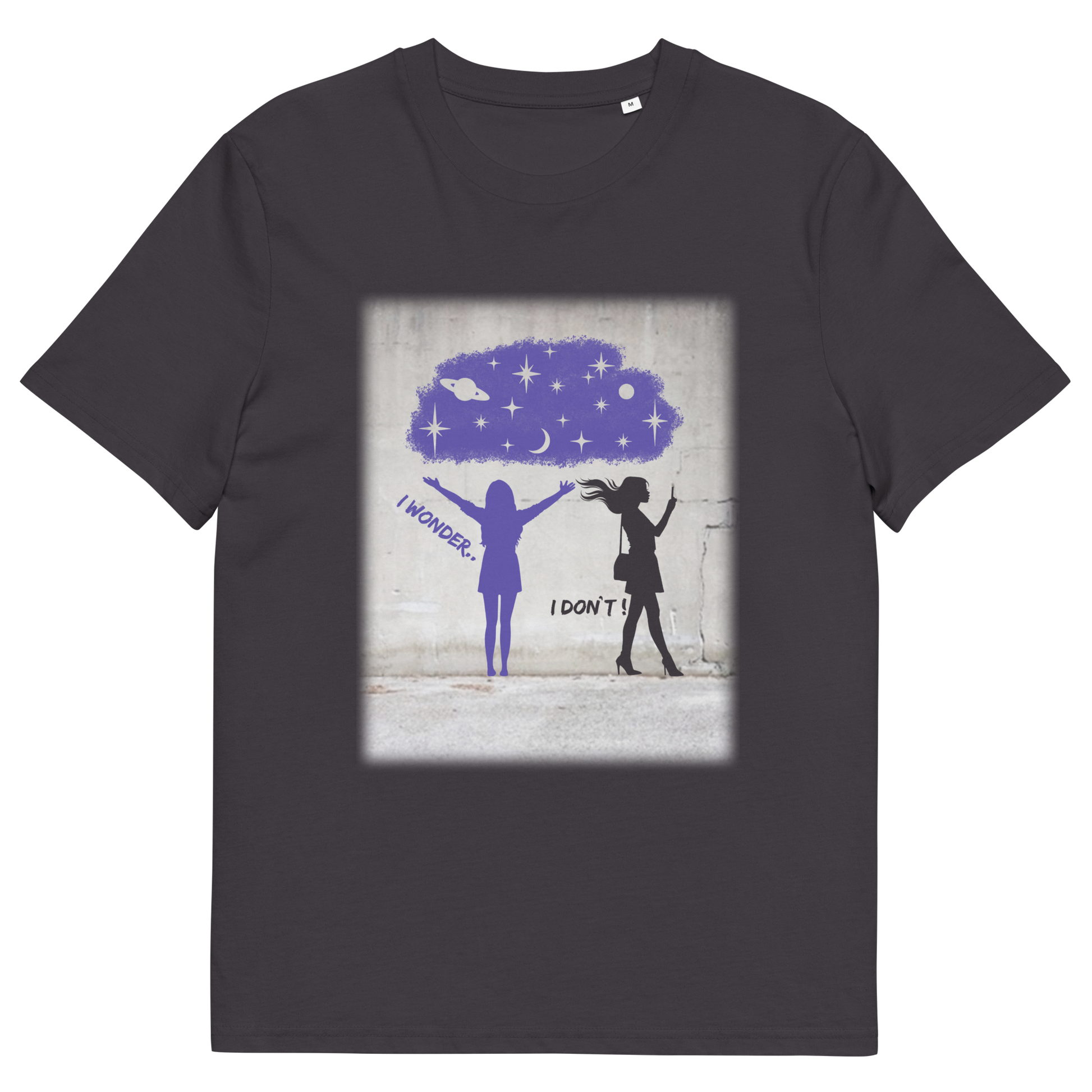 Anthracite t shirt. This anti mobile phone abuse t shirt light heartedly pokes fun at people who never look up from their phone. If you believe letting a machine do most of your thinking for you will dull your imagination, this satirical design is for you. Made from 100% organic ring-spun cotton, these anti mobile phone abuse t shirts are unisex, high quality, super comfy, and best of all, eco-friendly.