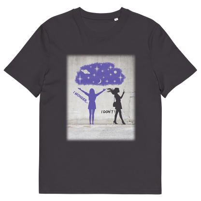 Anthracite t shirt. This anti mobile phone abuse t shirt light heartedly pokes fun at people who never look up from their phone. If you believe letting a machine do most of your thinking for you will dull your imagination, this satirical design is for you. Made from 100% organic ring-spun cotton, these anti mobile phone abuse t shirts are unisex, high quality, super comfy, and best of all, eco-friendly.