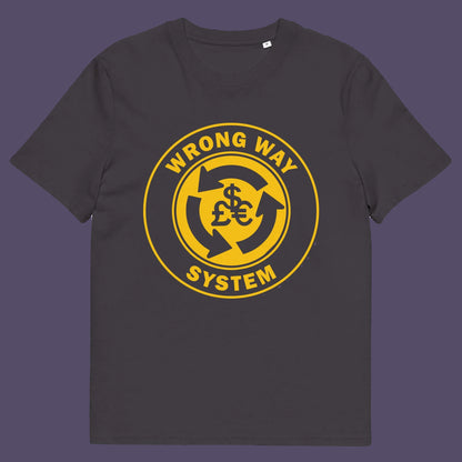 Anthracite t shirt. A non conformist t shirt in the form of a road sign reminder that it's possibly not been the best idea to build our society around money. Wrong direction, change the system ! Made from 100% organic ring-spun cotton, this social awareness t shirt is unisex, high-quality, super comfy, and best of all, eco-friendly. A great choice for an anti capitalist socio economic demonstration.