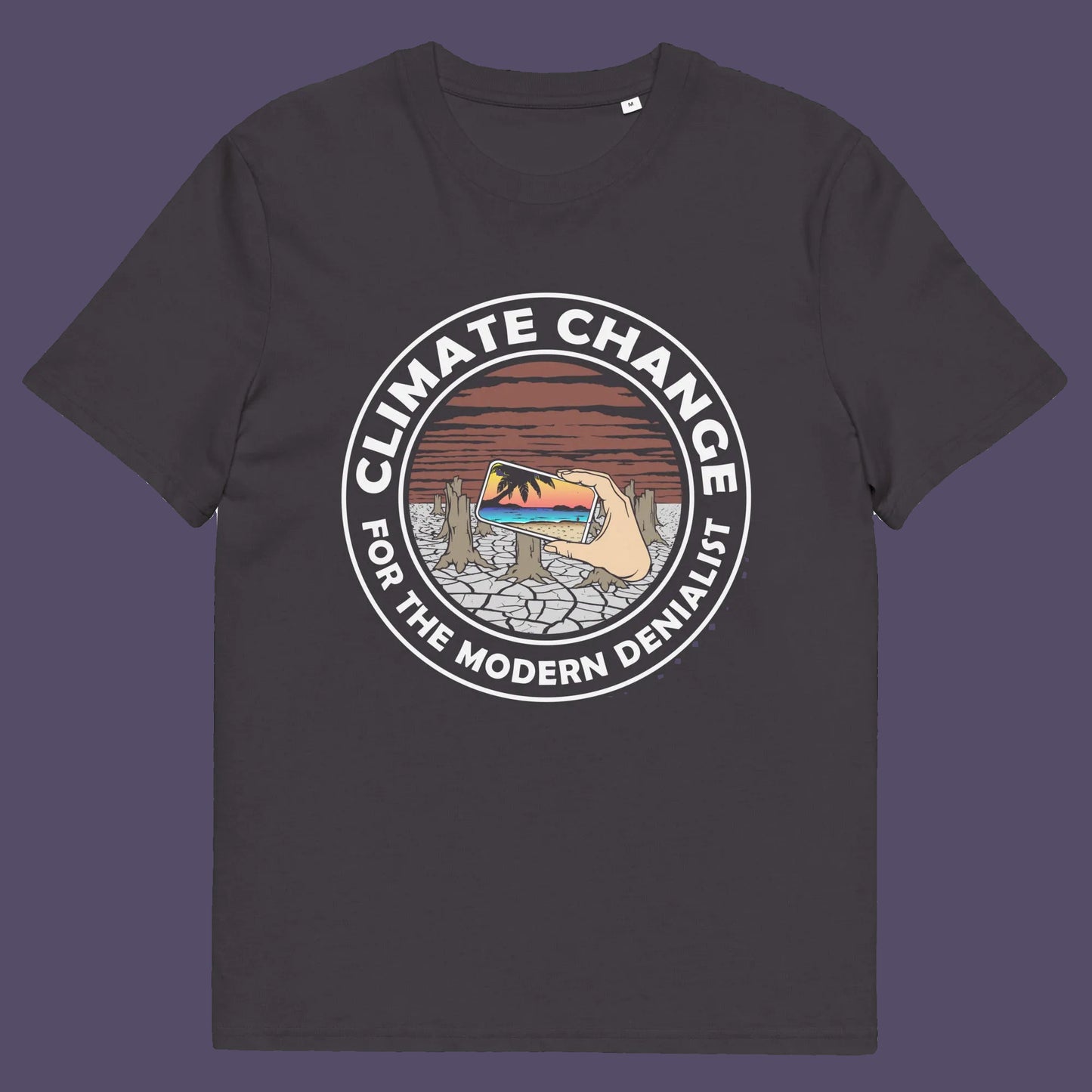 Anthracite nt shirt. A satirical save the planet t-shirt exposing the denial still opposing a very serious issue. In this age of smart technology it's surprising there isn't an app that helps us ignore the environmental crisis. Satire at it's best. Made from 100% organic ring-spun cotton, this save the world t shirt is unisex, high-quality, super comfy, and best of all, eco-friendly.