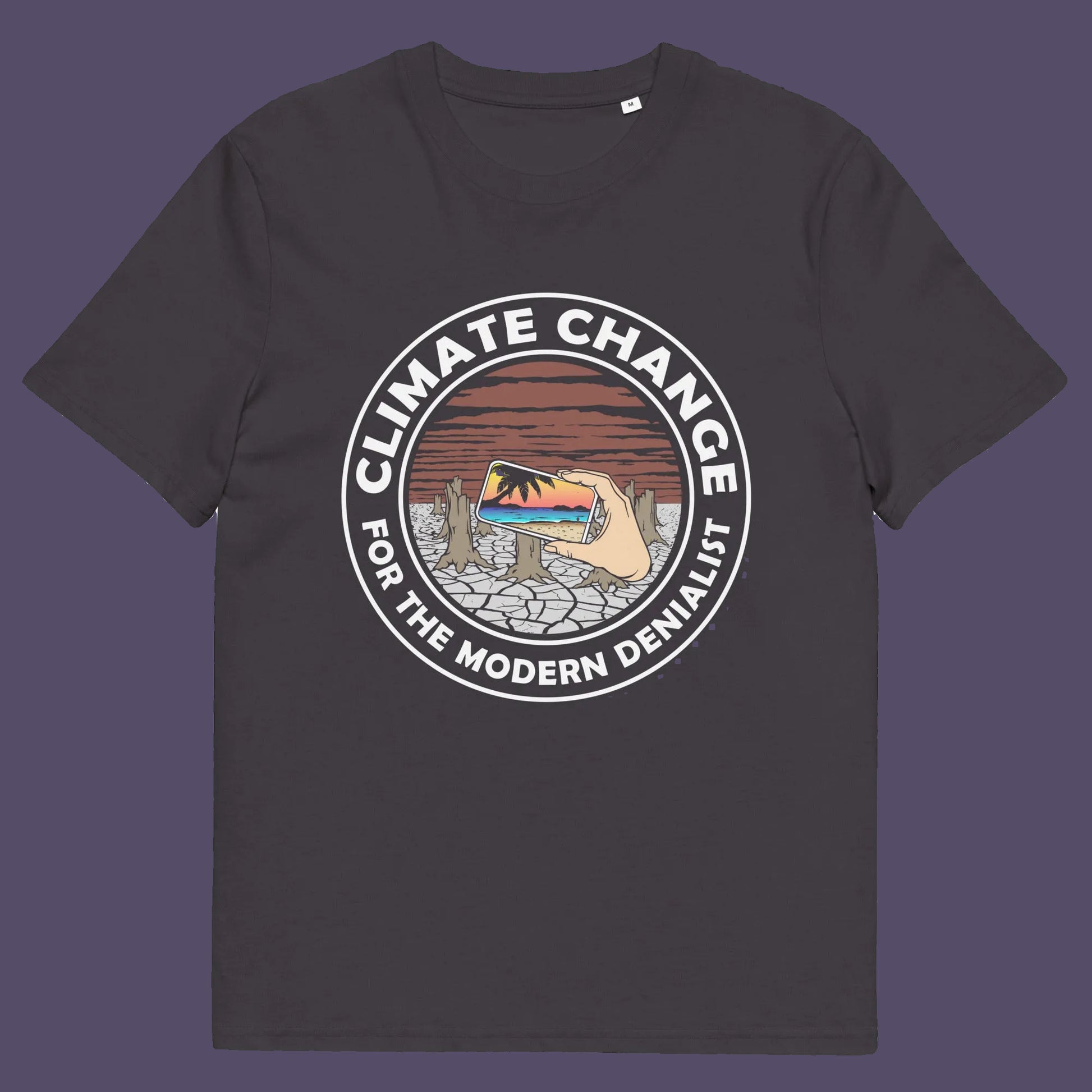 Anthracite nt shirt. A satirical save the planet t-shirt exposing the denial still opposing a very serious issue. In this age of smart technology it's surprising there isn't an app that helps us ignore the environmental crisis. Satire at it's best. Made from 100% organic ring-spun cotton, this save the world t shirt is unisex, high-quality, super comfy, and best of all, eco-friendly.