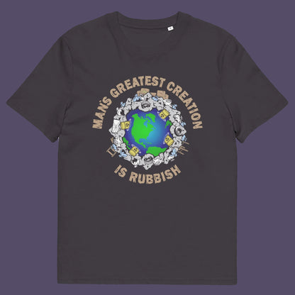 Anthracite t shirt. A satirical save the planet t shirt design. If you really think about it the biggest creation man has added to the world is actually biproduct and trash. No wonder the planet is at risk of being poisoned. Made from 100% organic ring-spun cotton, this save the planet t shirt is unisex, high-quality, super comfy, and best of all, eco-friendly.