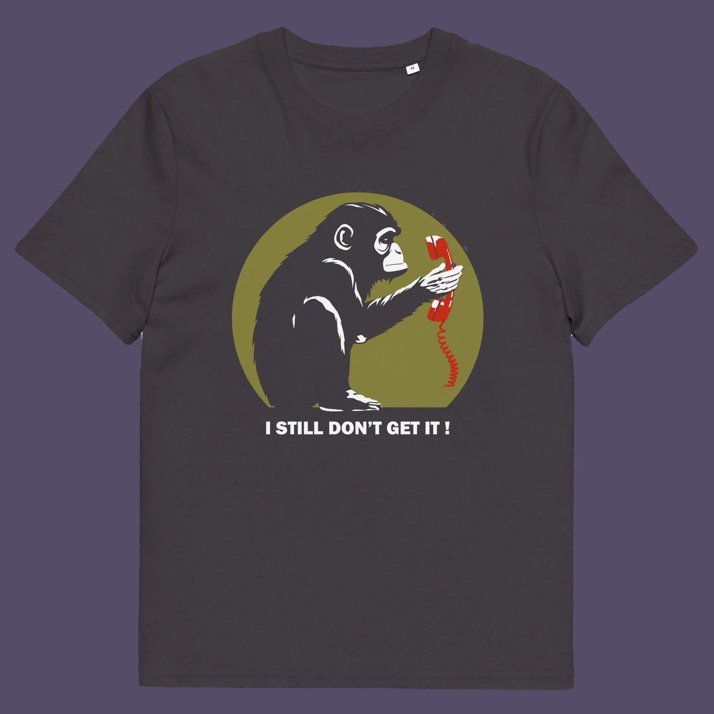 Anthracite t shirt. This anti smart phone abuse t-shirt design highlights the human obsession with smart phones and how strange it must look to an ape. An outsiders view of a world glued to mobile phones. Made from 100% organic ring-spun cotton, this anti mobile phone abuse t-shirt is unisex, high-quality, super comfy, and best of all, eco-friendly.