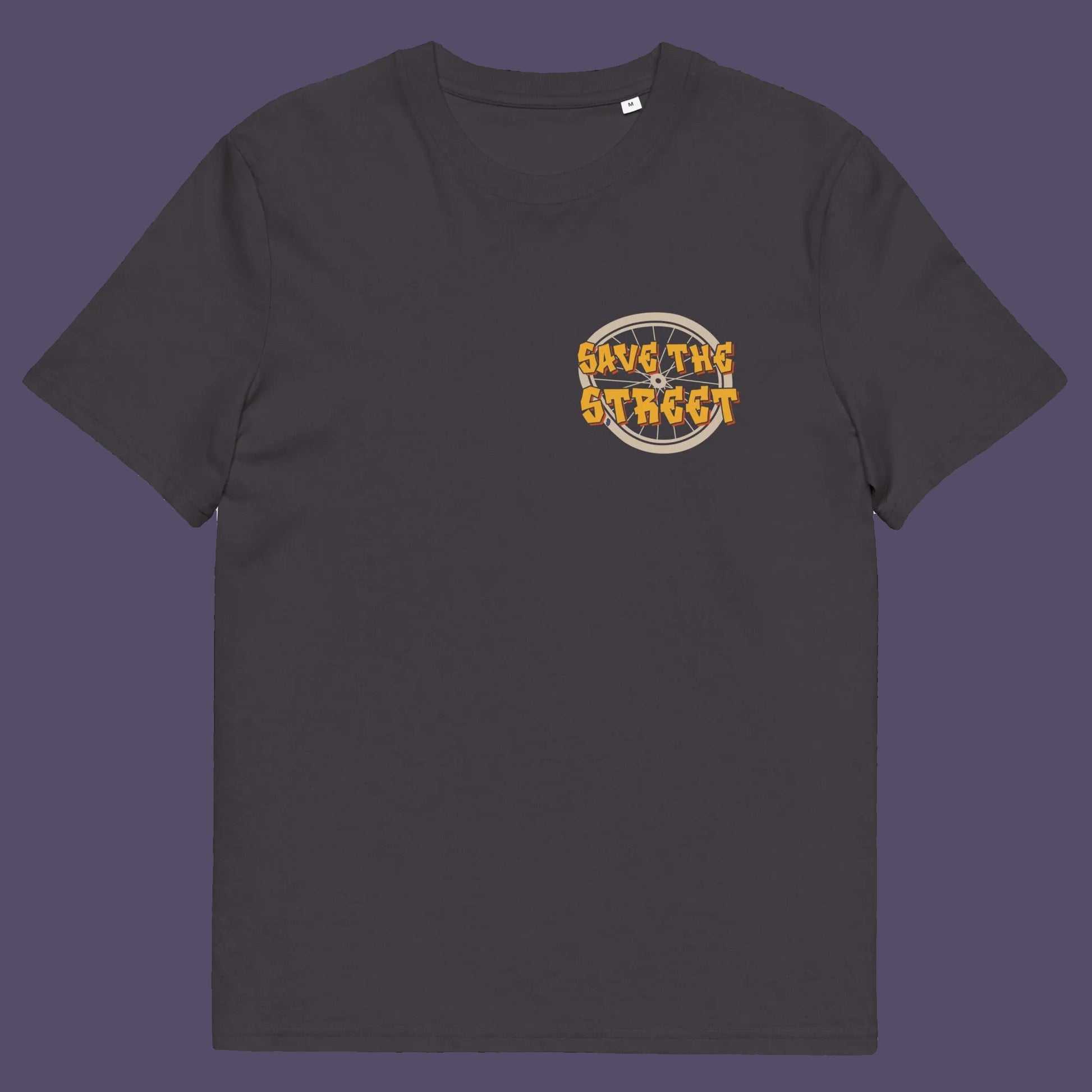Anthracite t shirt front. This street art t shirt stencil represents inner city street life as a culture of it's own. There is a ground level reality mixed with trustworthy honestly at street level in towns and cities across the planet. Wherever you are in the world, may the street be with you. Made from 100% organic ring-spun cotton, this urban art t shirt is unisex, high-quality, super comfy, and best of all, eco-friendly.