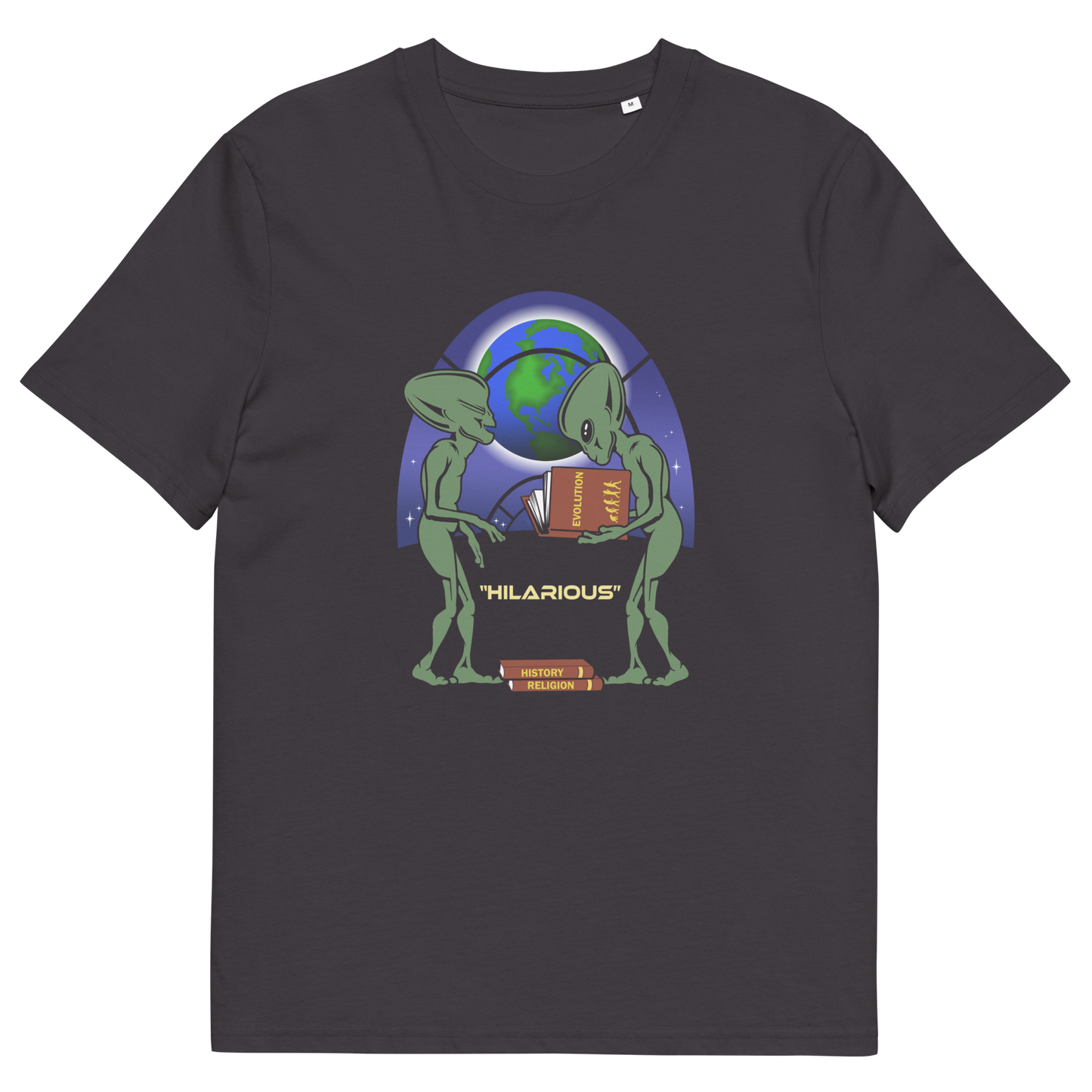 Anthracite t shirt. This funny alien t shirt suggest we are being lied to about our history and the aliens know the truth. A design for alien loving conspiracy theorists. Have the aliens had more influence in our lives than we are lead to believe ? Made from 100% organic ring-spun cotton, these cool sci fi t shirts are unisex, high-quality, super comfy, and best of all, eco-friendly.