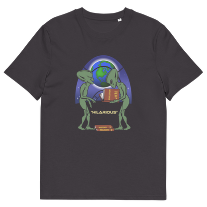 Anthracite t shirt. This funny alien t shirt suggest we are being lied to about our history and the aliens know the truth. A design for alien loving conspiracy theorists. Have the aliens had more influence in our lives than we are lead to believe ? Made from 100% organic ring-spun cotton, these cool sci fi t shirts are unisex, high-quality, super comfy, and best of all, eco-friendly.