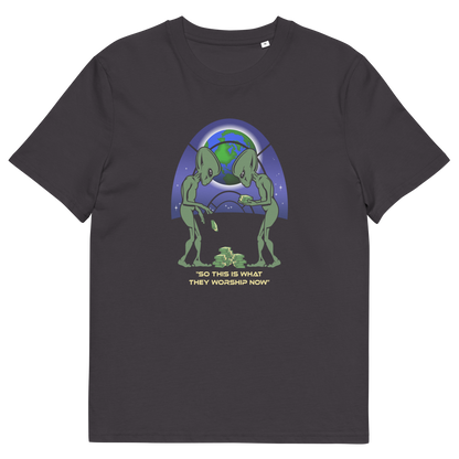Anthracite t shirt. This funny sci fi t shirt is for alien lovers and anti capitalist, and depicts the disappointment of a civilisation now overly obsessed with money and greed. Is it any wonder the aliens have given up on us. Made from 100% organic ring-spun cotton, this anti capitalist t shirt is unisex, high-quality, super comfy, and best of all, eco-friendly.