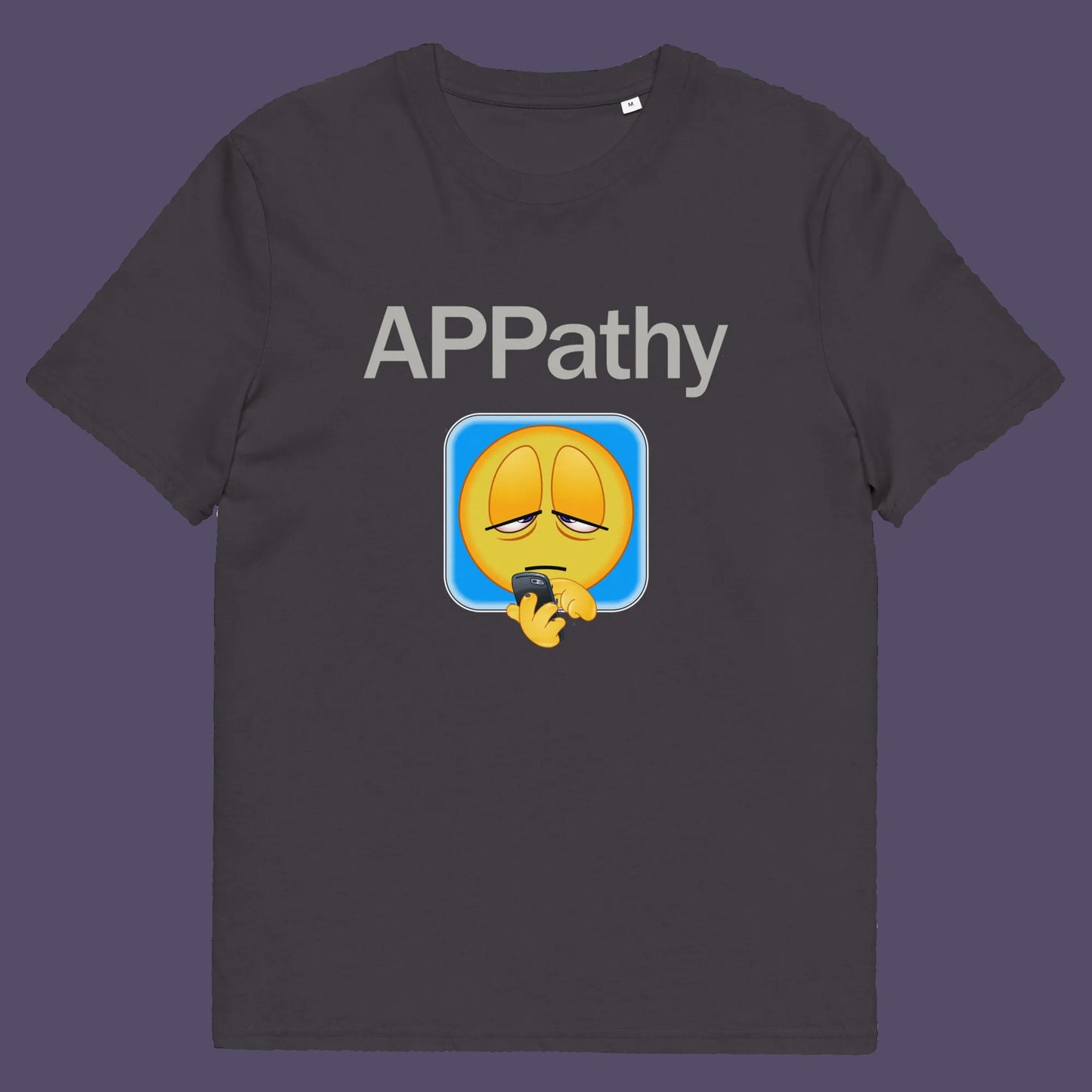 Anthracite t shirt. This anti mobile phone abuse t shirt promotes social awareness of the amount of apps we now need in modern society. This unique emoji t-shirt design is for everyone who doesn't feel they are a child of the mobile phone. Made from 100% organic ring-spun cotton, this anti smart phone abuse t shirt is unisex, high-quality, super comfy, and best of all, eco-friendly.