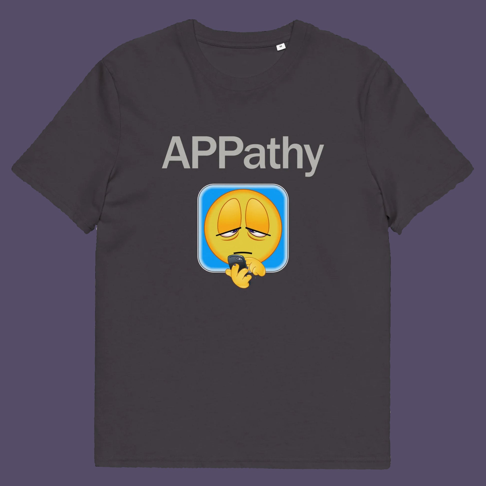 Anthracite t shirt. This anti mobile phone abuse t shirt promotes social awareness of the amount of apps we now need in modern society. This unique emoji t-shirt design is for everyone who doesn't feel they are a child of the mobile phone. Made from 100% organic ring-spun cotton, this anti smart phone abuse t shirt is unisex, high-quality, super comfy, and best of all, eco-friendly.