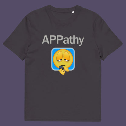 Anthracite t shirt. This anti mobile phone abuse t shirt promotes social awareness of the amount of apps we now need in modern society. This unique emoji t-shirt design is for everyone who doesn't feel they are a child of the mobile phone. Made from 100% organic ring-spun cotton, this anti smart phone abuse t shirt is unisex, high-quality, super comfy, and best of all, eco-friendly.