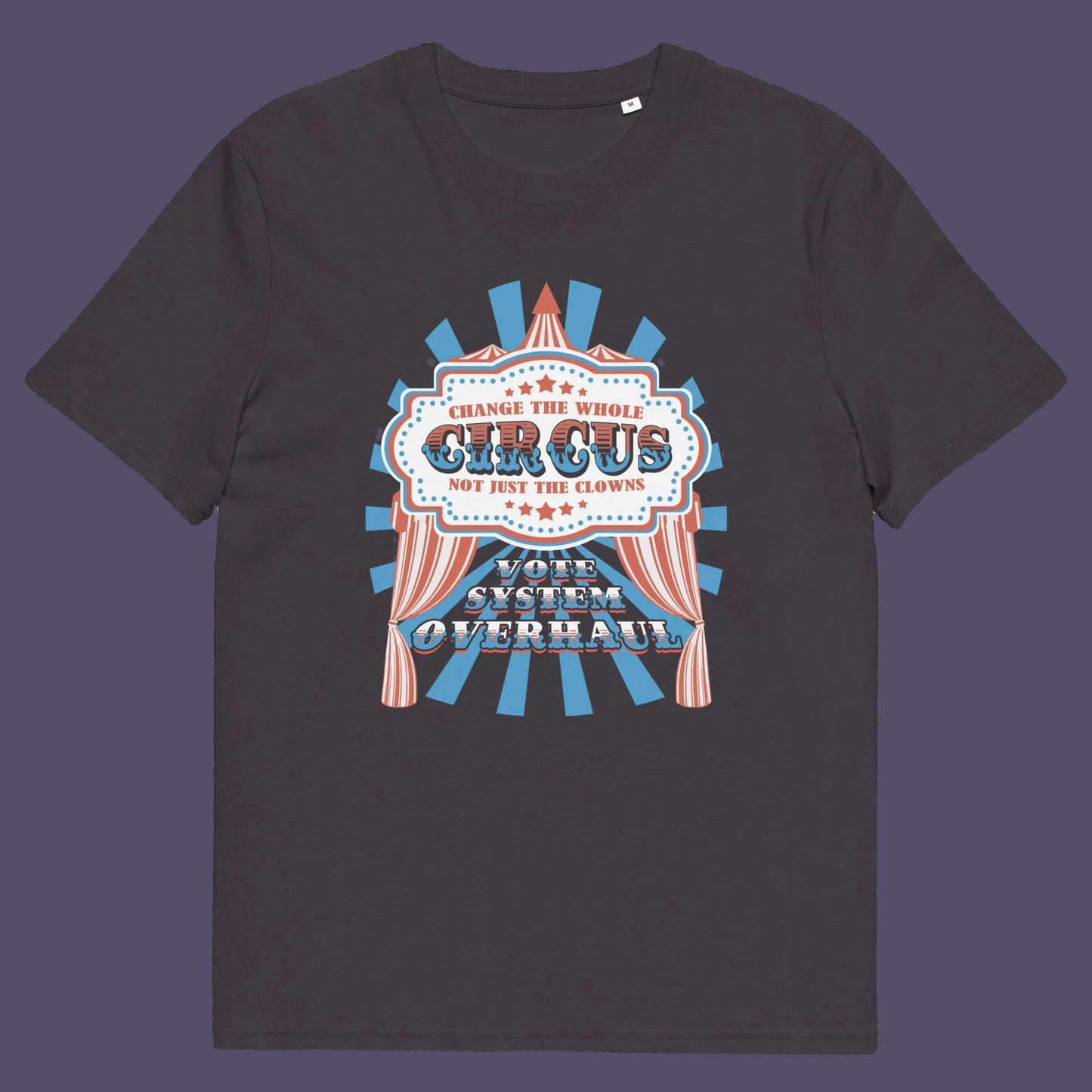 Anthracite t shirt. This anti government t shirt points out that you can change the clowns but the circus remains. Does it matter who fronts a corrupt system? The whole circus needs to go. Made from 100% organic ring-spun cotton, this civil rights t shirt is unisex, high-quality, super comfy, and best of all, eco-friendly.