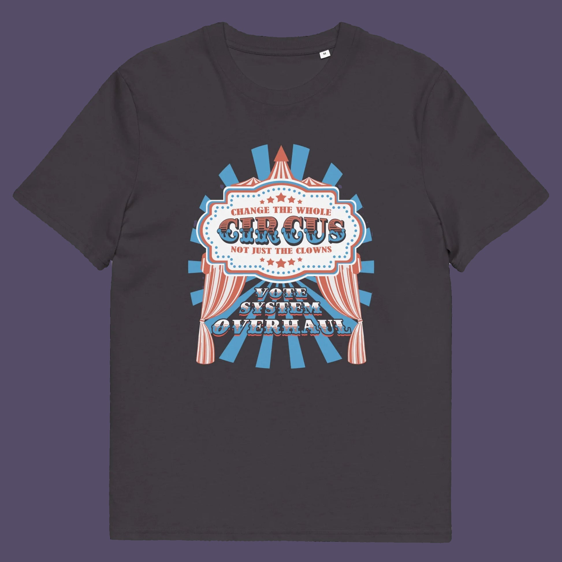 Anthracite t shirt. This anti government t shirt points out that you can change the clowns but the circus remains. Does it matter who fronts a corrupt system? The whole circus needs to go. Made from 100% organic ring-spun cotton, this civil rights t shirt is unisex, high-quality, super comfy, and best of all, eco-friendly.