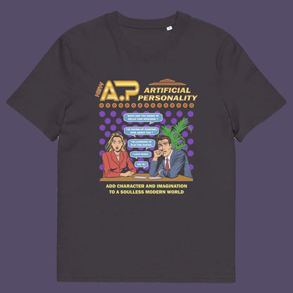 Anthracite t shirt. This anti ai t shirt design, in a comic book pop art style, warns against artificial intelligence taking over too many aspects of our lives. In an ever increasing dependency on artificial realities, just how far will it go ? Will our personalities be artificial one day ? Satirical and worrying, funny but scary. Made from 100% organic ring-spun cotton, this anti ai t shirt is unisex, high-quality, super comfy, and best of all, eco-friendly.