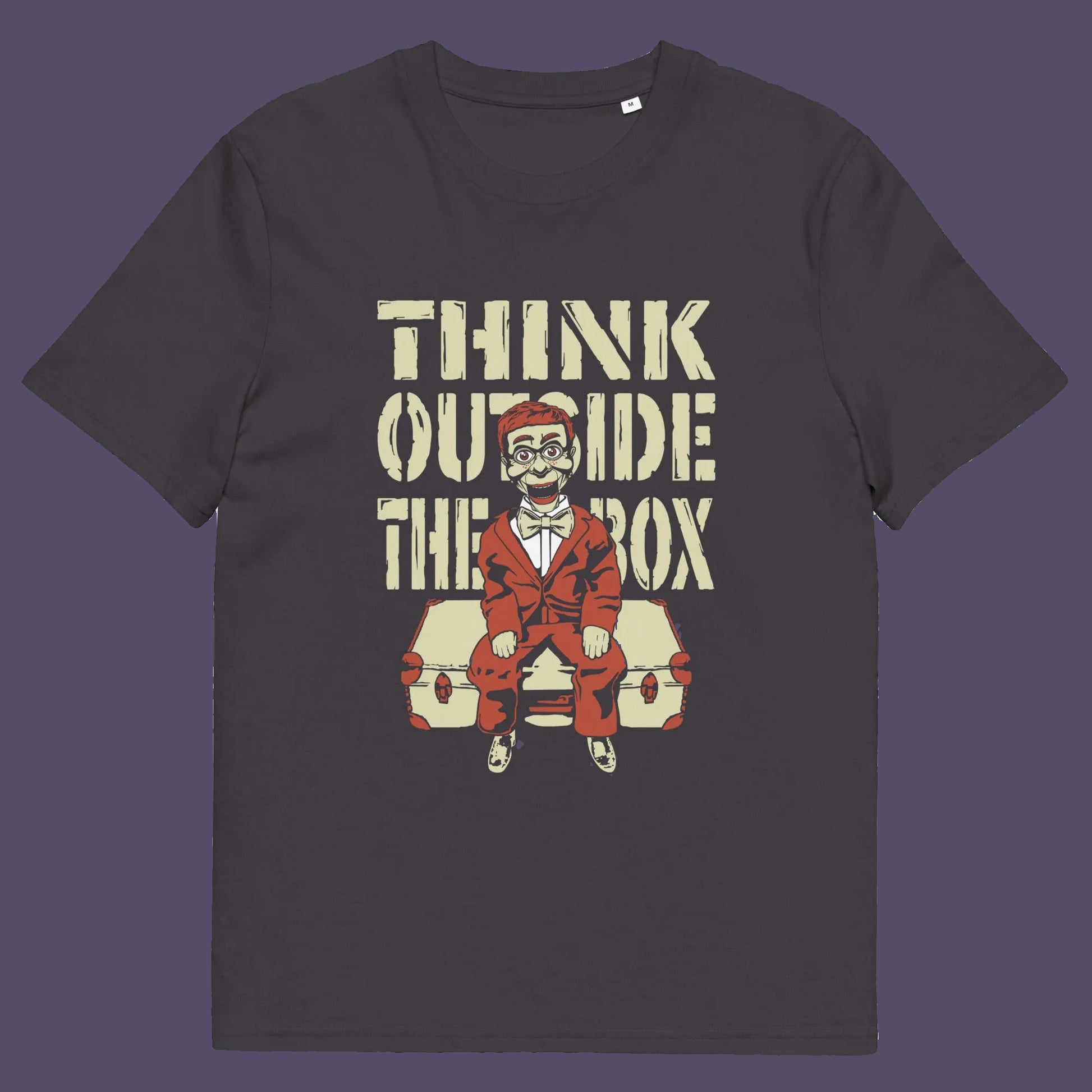 Anthracite t shirt A think outside the box t shirt to promote diversity of thought. Trust the ventriloquist dummy to know thinking outside the box is liberating and progressive. Promote independent and creative thinking with this unique urban art design. Made from 100% organic ring-spun cotton, this counter culture t shirt is unisex, high quality, super comfy, and best of all, eco-friendly.