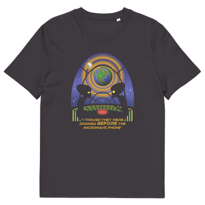 Anthracite t shirt. A funny alien t shirt satirically exposing the dangers of microwaves. We probably seem quite masochistic from an outsiders point of view and the aliens must wonder what we are doing in the name of progression. A global warming t shirt design for alien fans. Made from 100% organic ring-spun cotton, this cool sci fi t shirt is unisex, high-quality, super comfy, and best of all, eco-friendly.