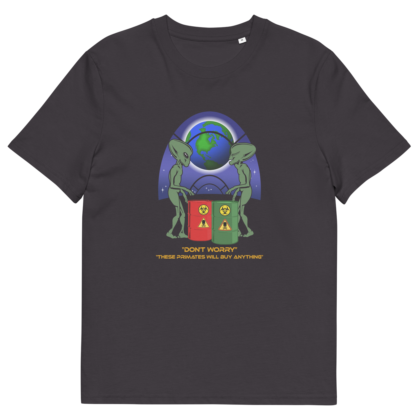 Anthracite t shirt. A funny alien t shirt design showing a humorous view of how aliens must see us. It's universally acknowledged that humans have an obsession with shopping and buying things they don't need. Made from 100% organic ring-spun cotton, these cool sci fi t shirts are unisex, high-quality, super comfy, and best of all, eco-friendly.