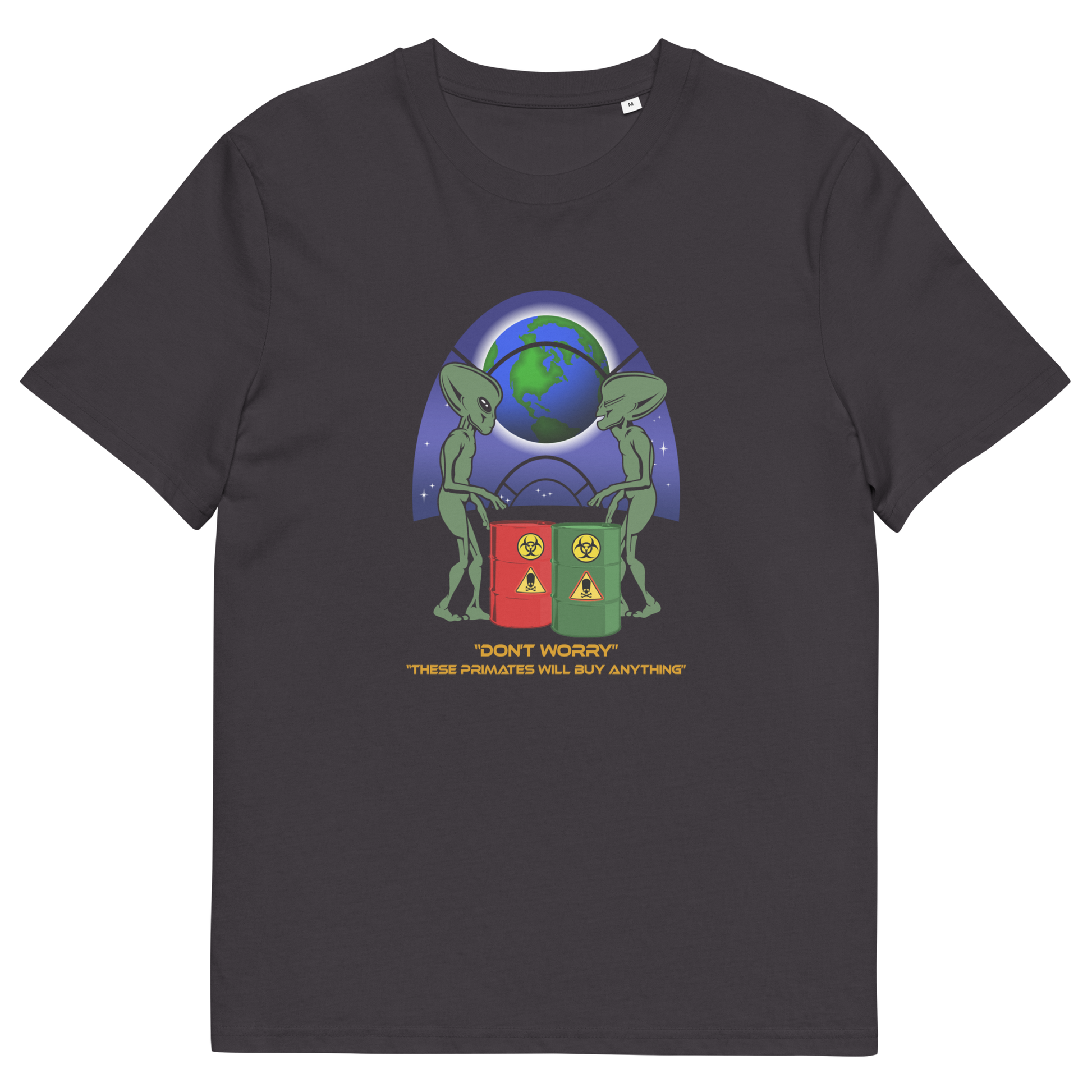 Anthracite t shirt. A funny alien t shirt design showing a humorous view of how aliens must see us. It's universally acknowledged that humans have an obsession with shopping and buying things they don't need. Made from 100% organic ring-spun cotton, these cool sci fi t shirts are unisex, high-quality, super comfy, and best of all, eco-friendly.