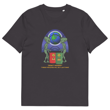 Anthracite t shirt. A funny alien t shirt design showing a humorous view of how aliens must see us. It's universally acknowledged that humans have an obsession with shopping and buying things they don't need. Made from 100% organic ring-spun cotton, these cool sci fi t shirts are unisex, high-quality, super comfy, and best of all, eco-friendly.