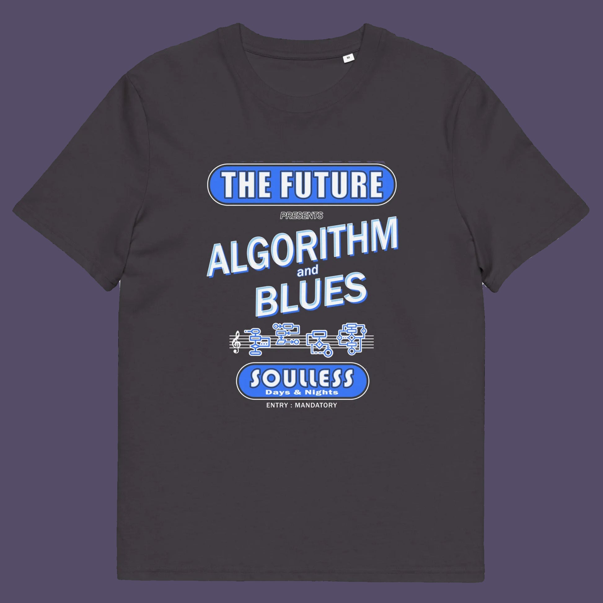 Anthracite t shirt, This sign of the times t shirt design is a play on an old music poster and an alternative view of what the future may hold in a world that is decided on algorithms. Made from 100% organic ring-spun cotton, this social awareness t shirt is unisex, high-quality, super comfy, and best of all, eco-friendly.