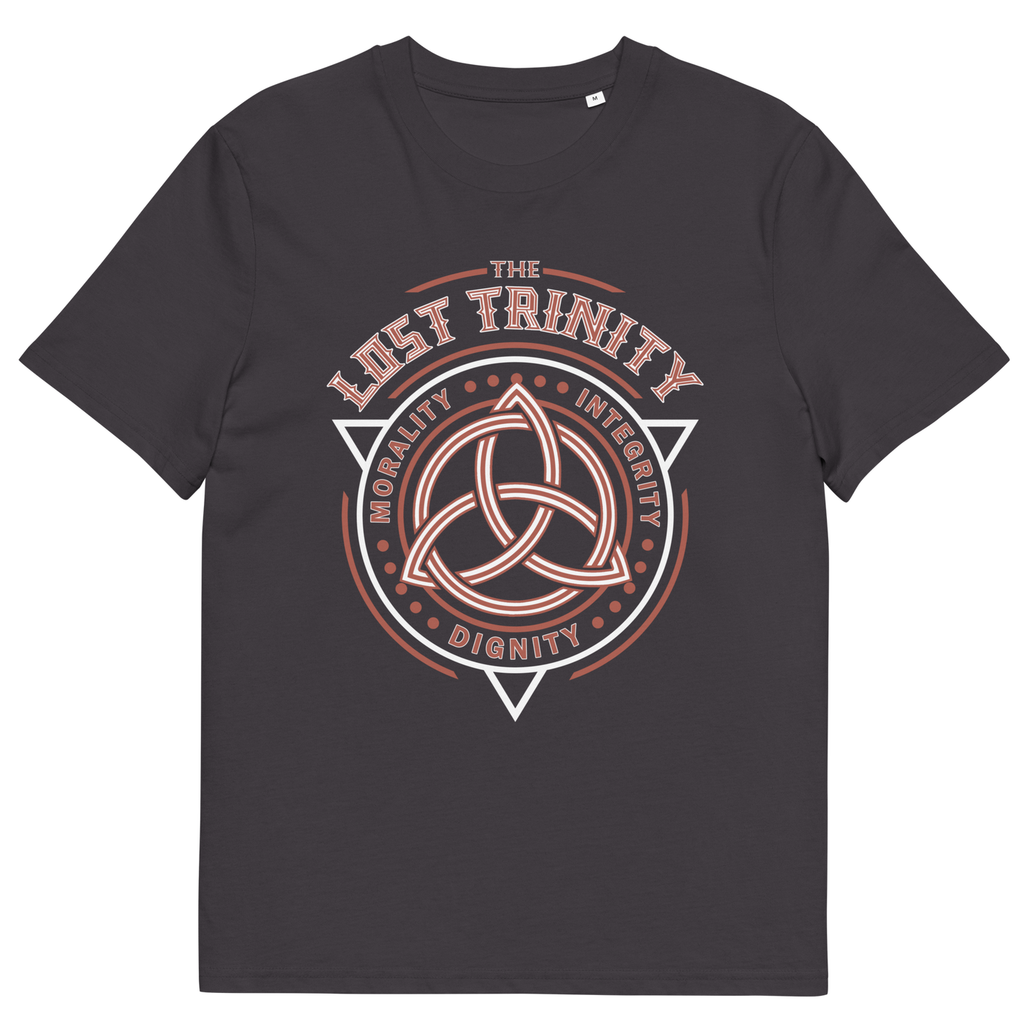 Anthracite t shirt. A broken society t shirt reflecting a sign of the times. This unique design represents the erosion of morality in modern society and the loss of ethical thinking. As people are dehumanised and money is worshipped, is integrity a thing of the past ? Show your defiance with this original 'Lost Trinity design. Made from 100% organic ring-spun cotton, this counter culture t shirt is unisex, high quality, super comfy, and best of all, eco-friendly.