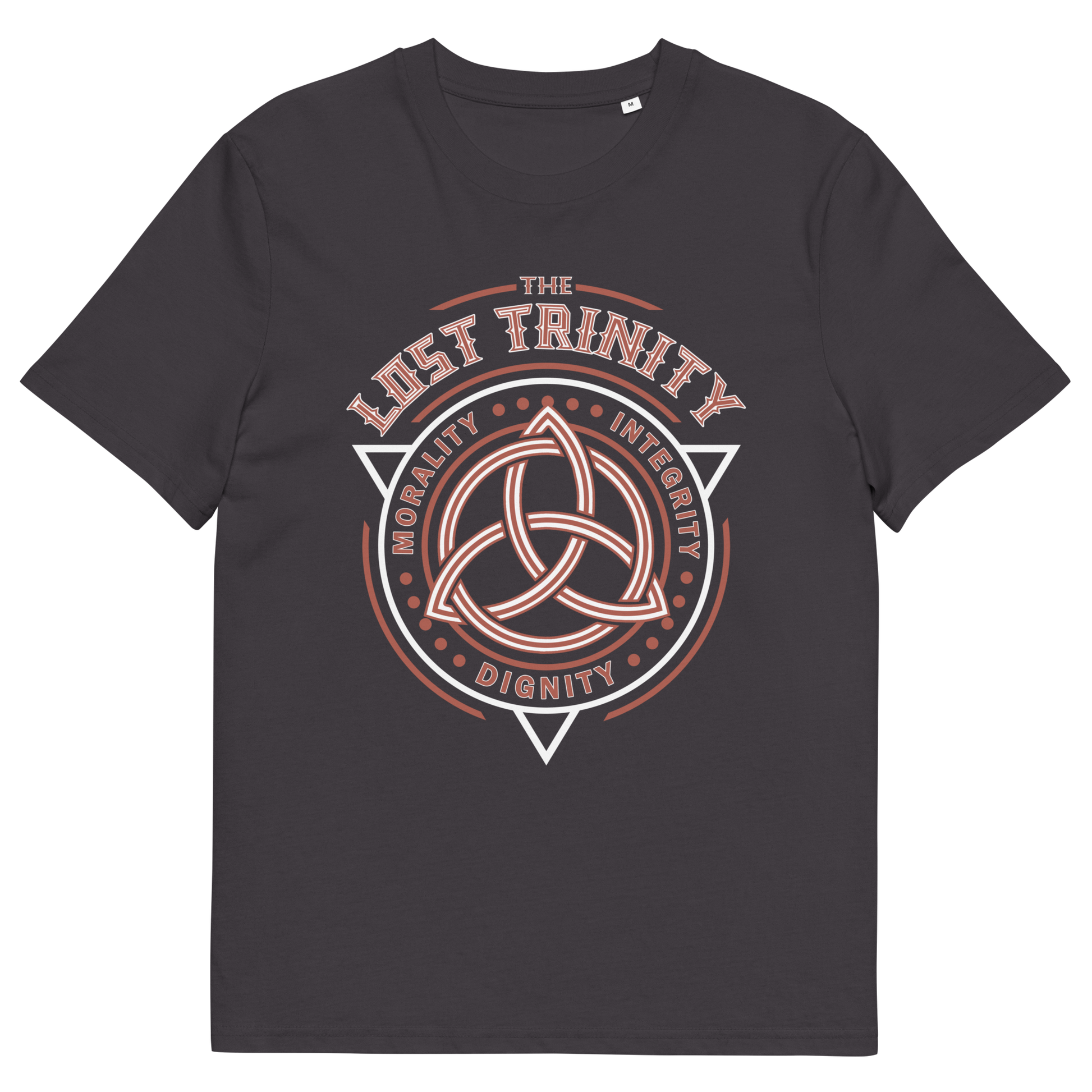 Anthracite t shirt. A broken society t shirt reflecting a sign of the times. This unique design represents the erosion of morality in modern society and the loss of ethical thinking. As people are dehumanised and money is worshipped, is integrity a thing of the past ? Show your defiance with this original 'Lost Trinity design. Made from 100% organic ring-spun cotton, this counter culture t shirt is unisex, high quality, super comfy, and best of all, eco-friendly.