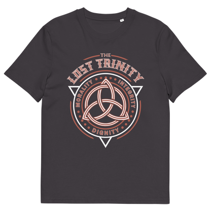 Anthracite t shirt. A broken society t shirt reflecting a sign of the times. This unique design represents the erosion of morality in modern society and the loss of ethical thinking. As people are dehumanised and money is worshipped, is integrity a thing of the past ? Show your defiance with this original 'Lost Trinity design. Made from 100% organic ring-spun cotton, this counter culture t shirt is unisex, high quality, super comfy, and best of all, eco-friendly.