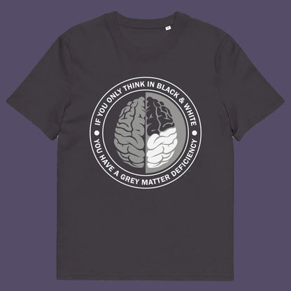 Anthracite t shirt. A stencil art t shirt design. It would be so easy if life was black and white, but it's the grey area where all the thinking and personal growth is done. A philosophy t shirt design for people who see the detail and can think outside the box. Made from 100% organic ring-spun cotton, this social awareness t shirt is unisex, high-quality, super comfy, and best of all, eco-friendly.