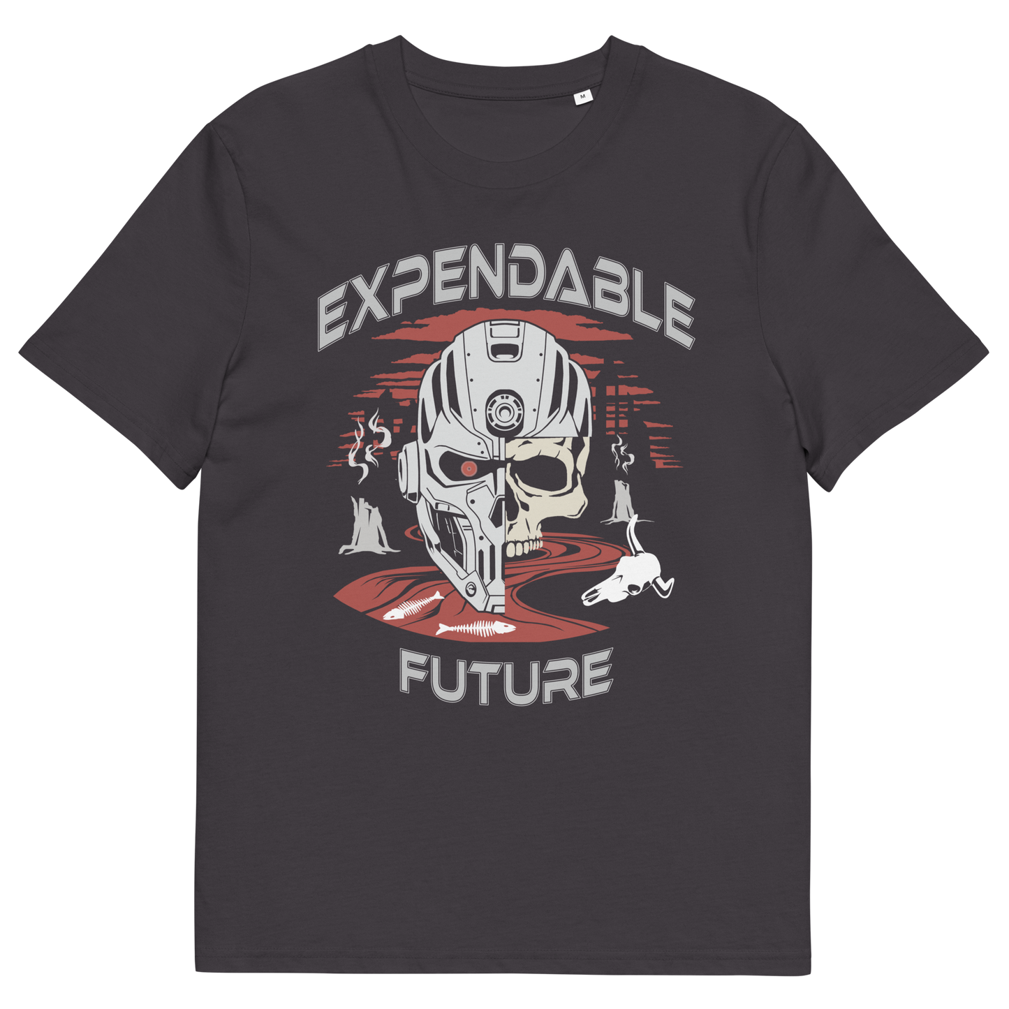 Anthracite t shirt. A dystopian t shirt suggesting that our impact on the planet is not been taken seriously enough, is it time to worry about our role as working humans? Counterculture and alternative view of technology and modern society. Made from 100% organic ring-spun cotton, this social awareness t shirt is unisex, high-quality, super comfy, and best of all, eco-friendly.