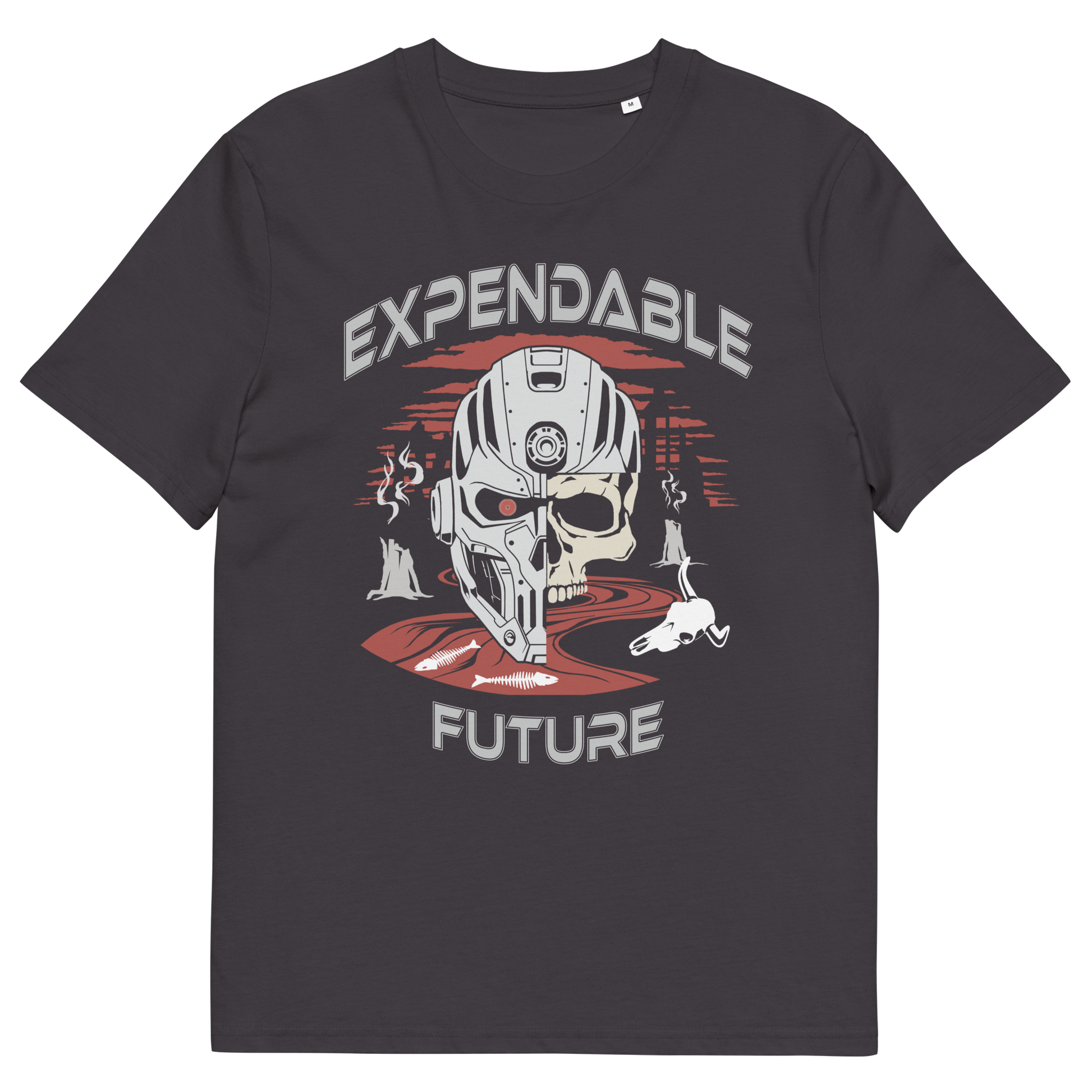 Anthracite t shirt. A dystopian t shirt suggesting that our impact on the planet is not been taken seriously enough, is it time to worry about our role as working humans? Counterculture and alternative view of technology and modern society. Made from 100% organic ring-spun cotton, this social awareness t shirt is unisex, high-quality, super comfy, and best of all, eco-friendly.