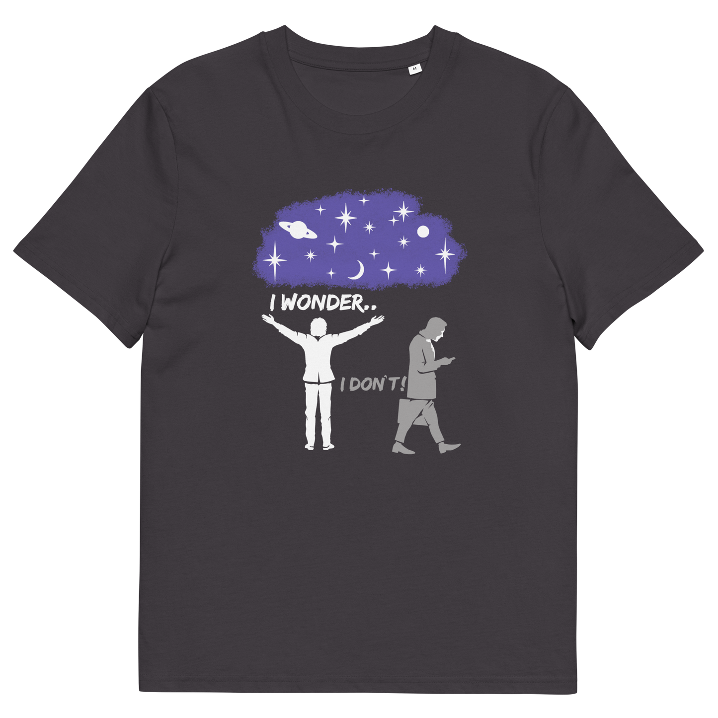 Anthracite t shirt. This anti mobile phone abuse t shirt light heartedly pokes fun at people who never look up from their phone. If you believe letting a machine do most of your thinking for you will dull your imagination, this satirical design is for you. Made from 100% organic ring-spun cotton, these anti mobile phone abuse t shirts are unisex, high quality, super comfy, and best of all, eco-friendly.