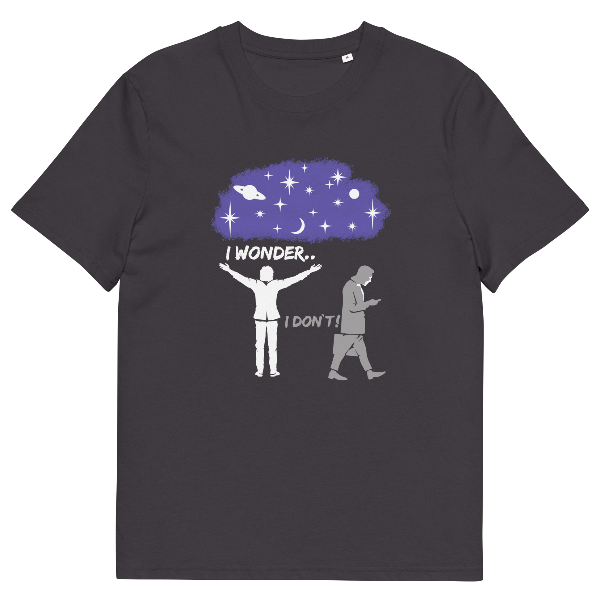 Anthracite t shirt. This anti mobile phone abuse t shirt light heartedly pokes fun at people who never look up from their phone. If you believe letting a machine do most of your thinking for you will dull your imagination, this satirical design is for you. Made from 100% organic ring-spun cotton, these anti mobile phone abuse t shirts are unisex, high quality, super comfy, and best of all, eco-friendly.