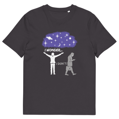 Anthracite t shirt. This anti mobile phone abuse t shirt light heartedly pokes fun at people who never look up from their phone. If you believe letting a machine do most of your thinking for you will dull your imagination, this satirical design is for you. Made from 100% organic ring-spun cotton, these anti mobile phone abuse t shirts are unisex, high quality, super comfy, and best of all, eco-friendly.