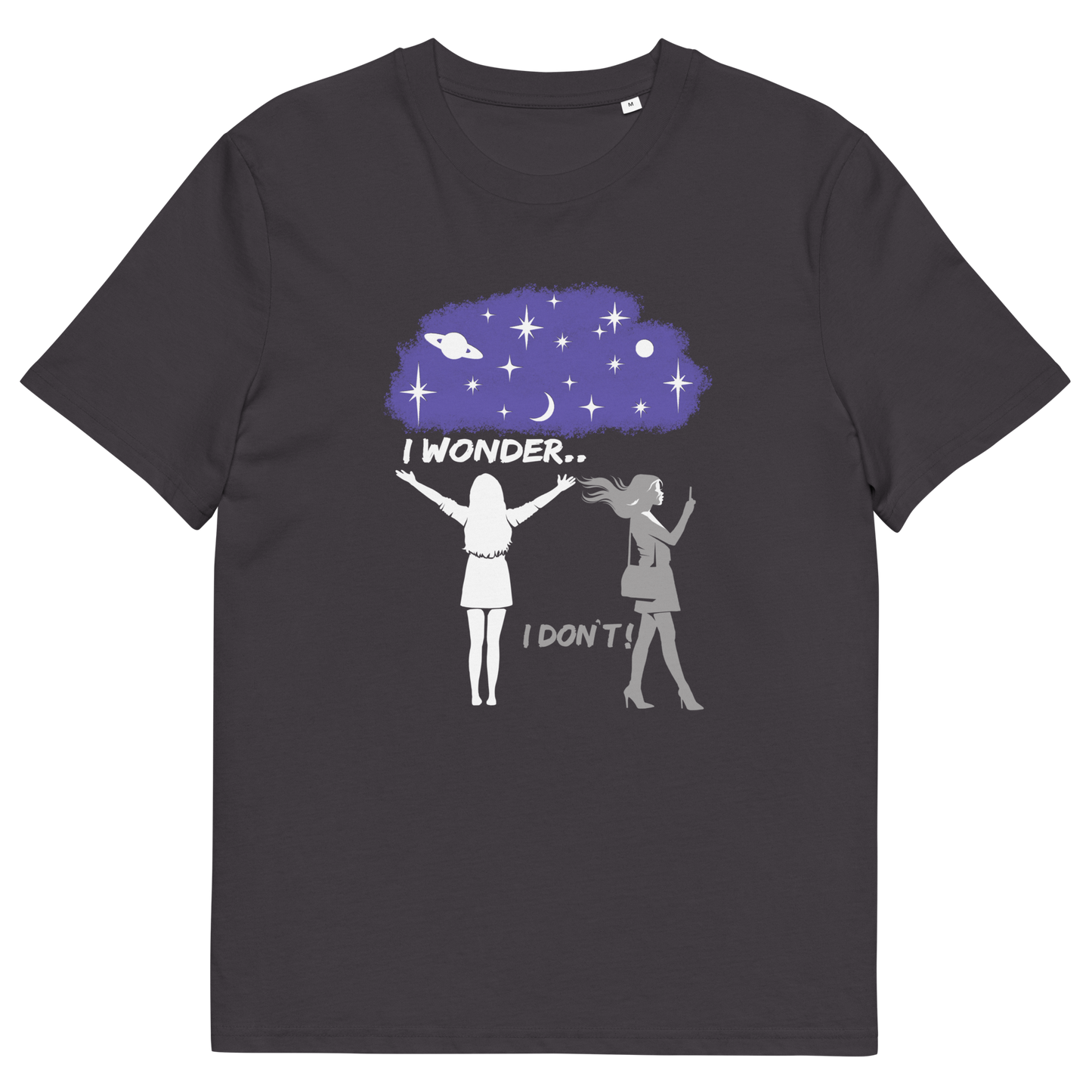 Anthracite t shirt. This anti mobile phone abuse t shirt light heartedly pokes fun at people who never look up from their phone. If you believe letting a machine do most of your thinking for you will dull your imagination, this satirical design is for you. Made from 100% organic ring-spun cotton, these anti mobile phone abuse t shirts are unisex, high quality, super comfy, and best of all, eco-friendly.