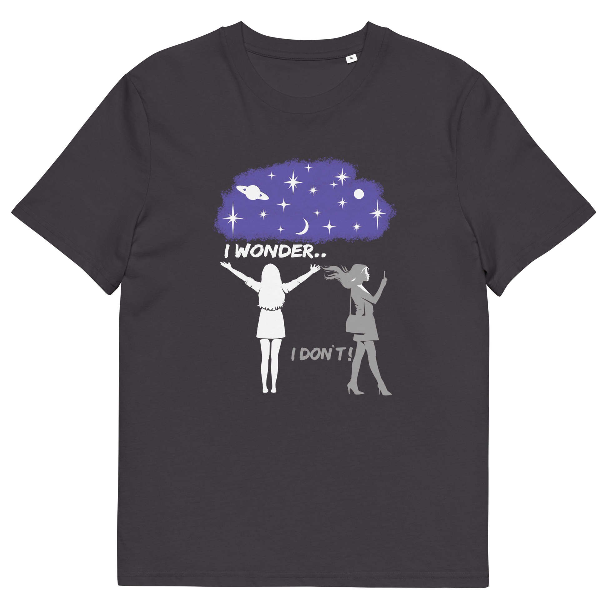 Anthracite t shirt. This anti mobile phone abuse t shirt light heartedly pokes fun at people who never look up from their phone. If you believe letting a machine do most of your thinking for you will dull your imagination, this satirical design is for you. Made from 100% organic ring-spun cotton, these anti mobile phone abuse t shirts are unisex, high quality, super comfy, and best of all, eco-friendly.