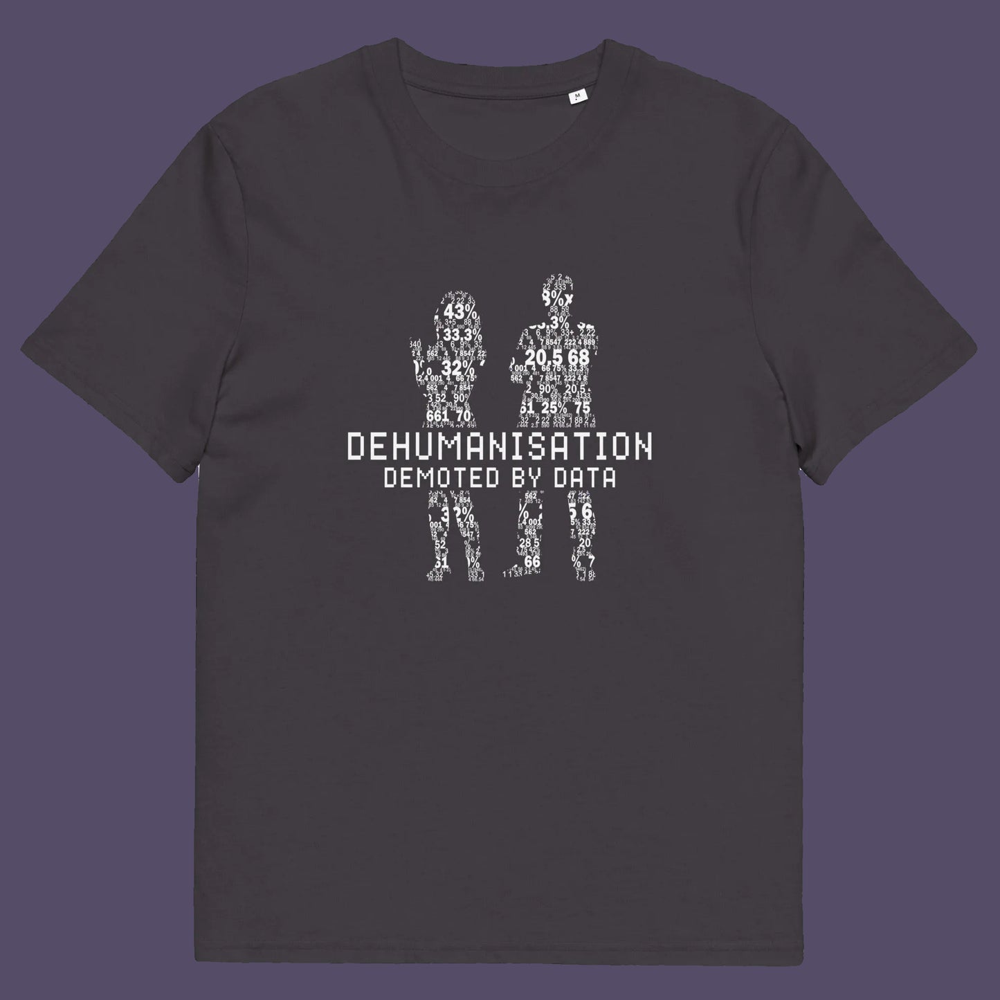 Anthracite t shirt. This broken society t shirt depicts the dehumanisation of the species by analysis and data collection. The more we view each other as statistics and numbers the further we move away from compassion and empathy. This design highlights the dark side of progression. Made from 100% organic ring-spun cotton, this dystopian t shirt is unisex, high-quality, super comfy, and best of all, eco-friendly.