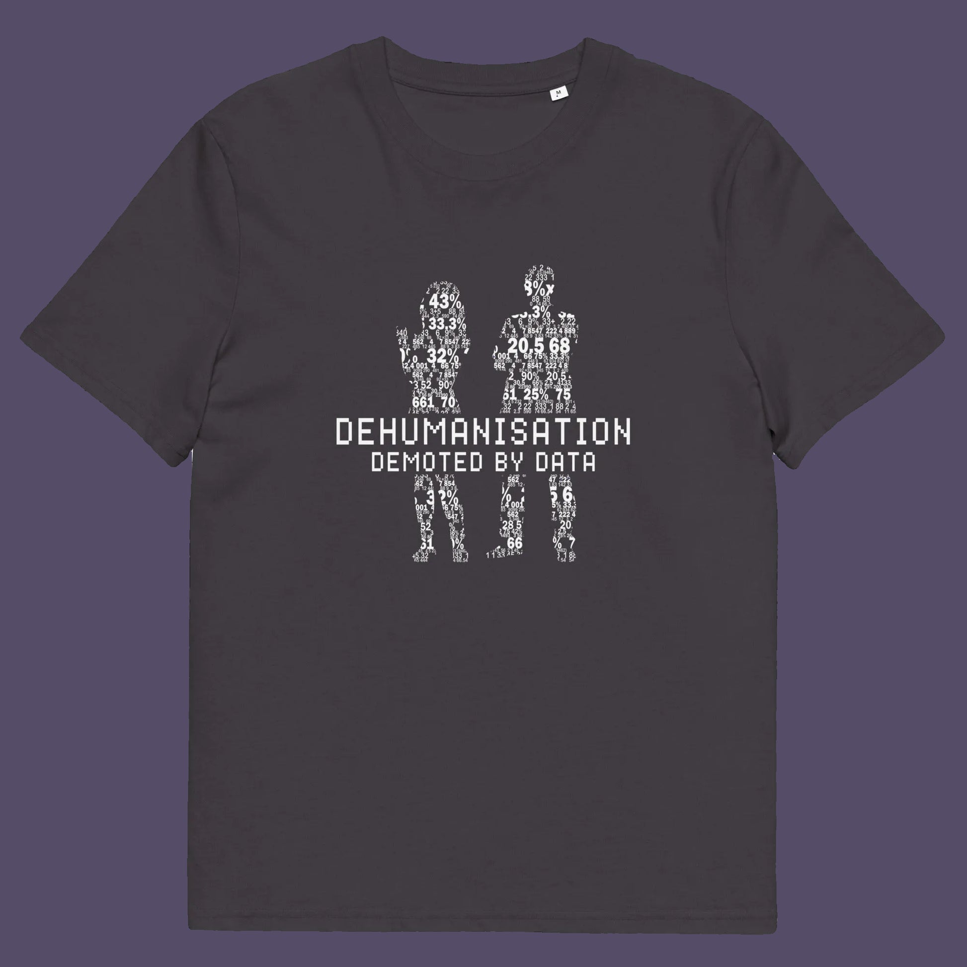 Anthracite t shirt. This broken society t shirt depicts the dehumanisation of the species by analysis and data collection. The more we view each other as statistics and numbers the further we move away from compassion and empathy. This design highlights the dark side of progression. Made from 100% organic ring-spun cotton, this dystopian t shirt is unisex, high-quality, super comfy, and best of all, eco-friendly.