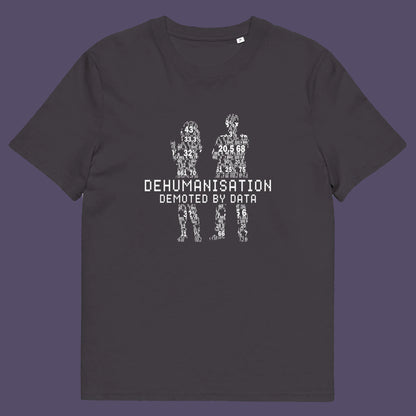 Anthracite t shirt. This broken society t shirt depicts the dehumanisation of the species by analysis and data collection. The more we view each other as statistics and numbers the further we move away from compassion and empathy. This design highlights the dark side of progression. Made from 100% organic ring-spun cotton, this dystopian t shirt is unisex, high-quality, super comfy, and best of all, eco-friendly.