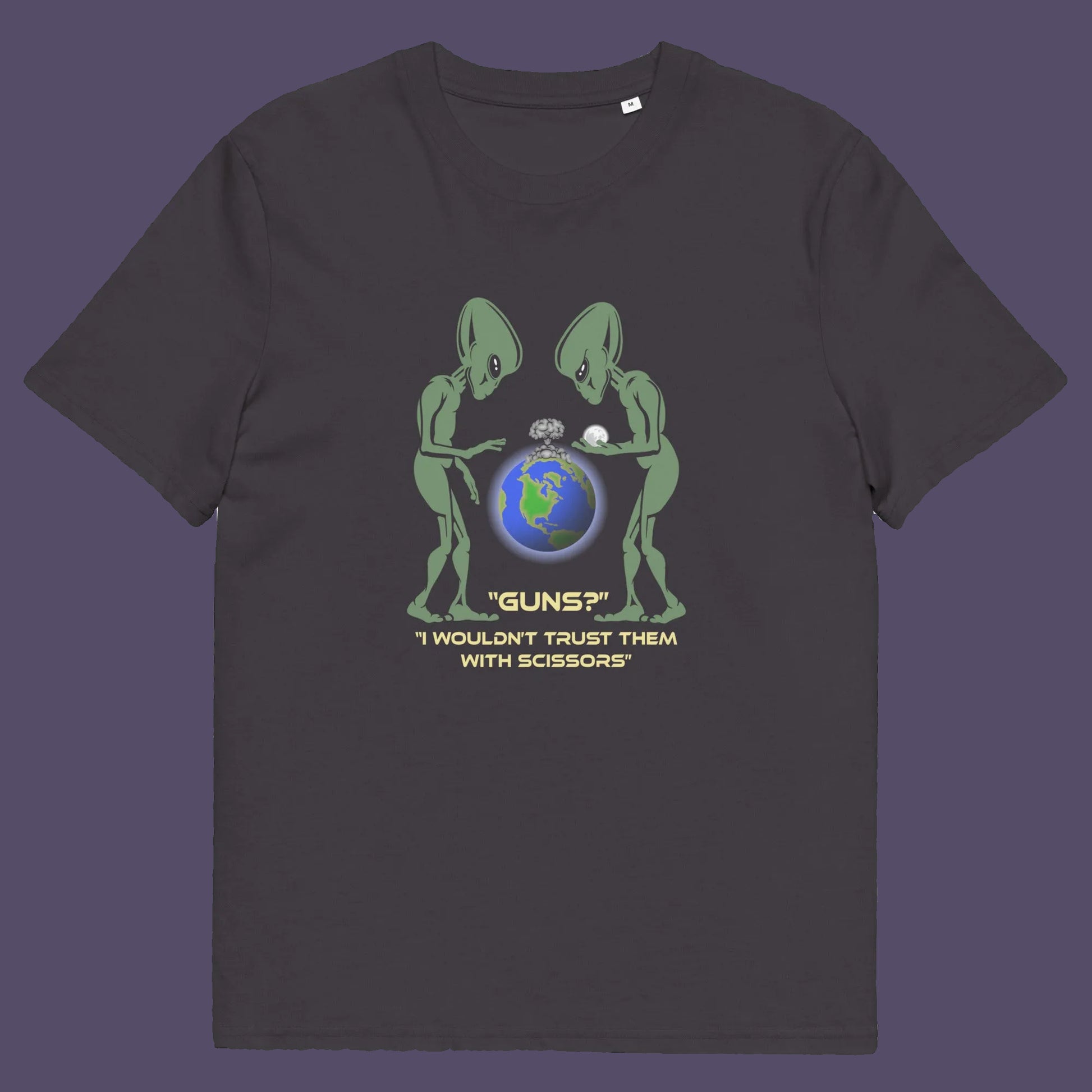 Anthracite t shirt. This funny alien t shirt highlights our over use of weaponry. With our lust for guns we must look out of control from an alien view point. No wonder they don't openly reveal themselves to us. Made from 100% organic ring-spun cotton, this counter culture t shirt is unisex, high-quality, super comfy, and best of all, eco-friendly.