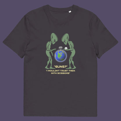 Anthracite t shirt. This funny alien t shirt highlights our over use of weaponry. With our lust for guns we must look out of control from an alien view point. No wonder they don't openly reveal themselves to us. Made from 100% organic ring-spun cotton, this counter culture t shirt is unisex, high-quality, super comfy, and best of all, eco-friendly.