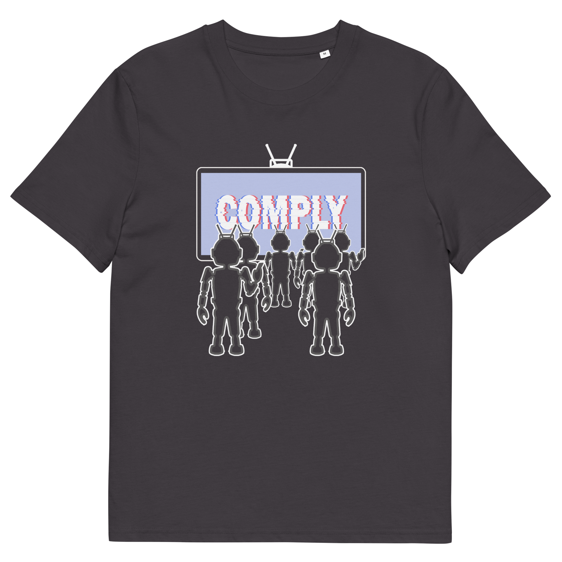 Anthracite t shirt. A non conformist t shirt portraying mistrust for the media. This satirical design highlights the television's role in modern day manipulation and mind control. With social media now being blamed for misinformation and gaslighting, the TV is the Godfather of brainwashing. Made from 100% organic ring-spun cotton, this counter culture t shirt is unisex, high quality, super comfy, and best of all, eco-friendly.