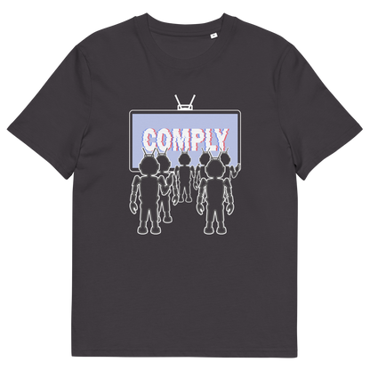 Anthracite t shirt. A non conformist t shirt portraying mistrust for the media. This satirical design highlights the television's role in modern day manipulation and mind control. With social media now being blamed for misinformation and gaslighting, the TV is the Godfather of brainwashing. Made from 100% organic ring-spun cotton, this counter culture t shirt is unisex, high quality, super comfy, and best of all, eco-friendly.