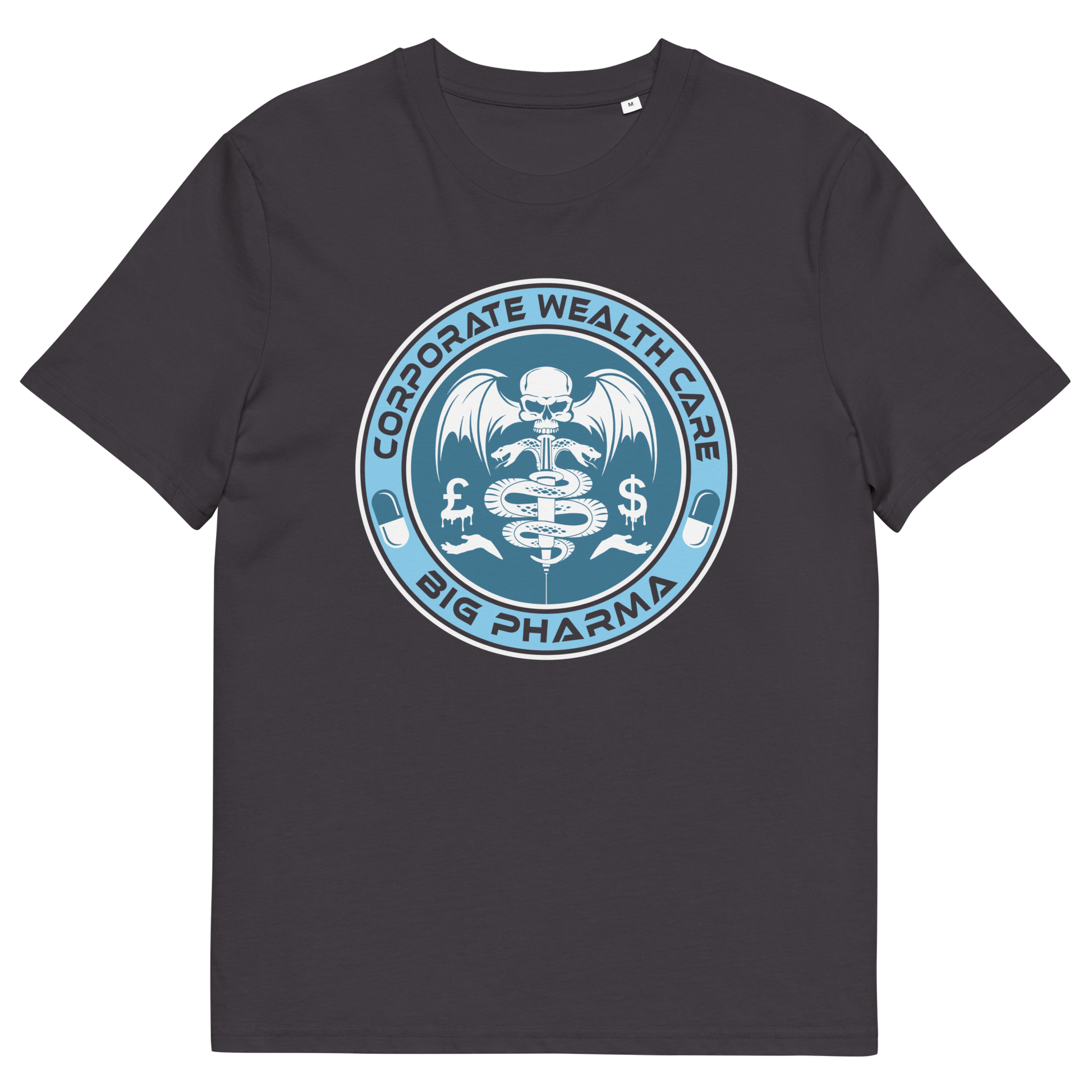 Anthracite t shirt. This anti drugs t shirt suggests our health is not more important than money. A very satirical view questioning the effects of capitalism on the health care pharmaceutical industry. If you think it's corporate wealth care over public health care, help create social awareness with this anti drugs design, Made from 100% organic ring-spun cotton, this counter culture t shirt is unisex, high quality, super comfy, and best of all, eco-friendly.