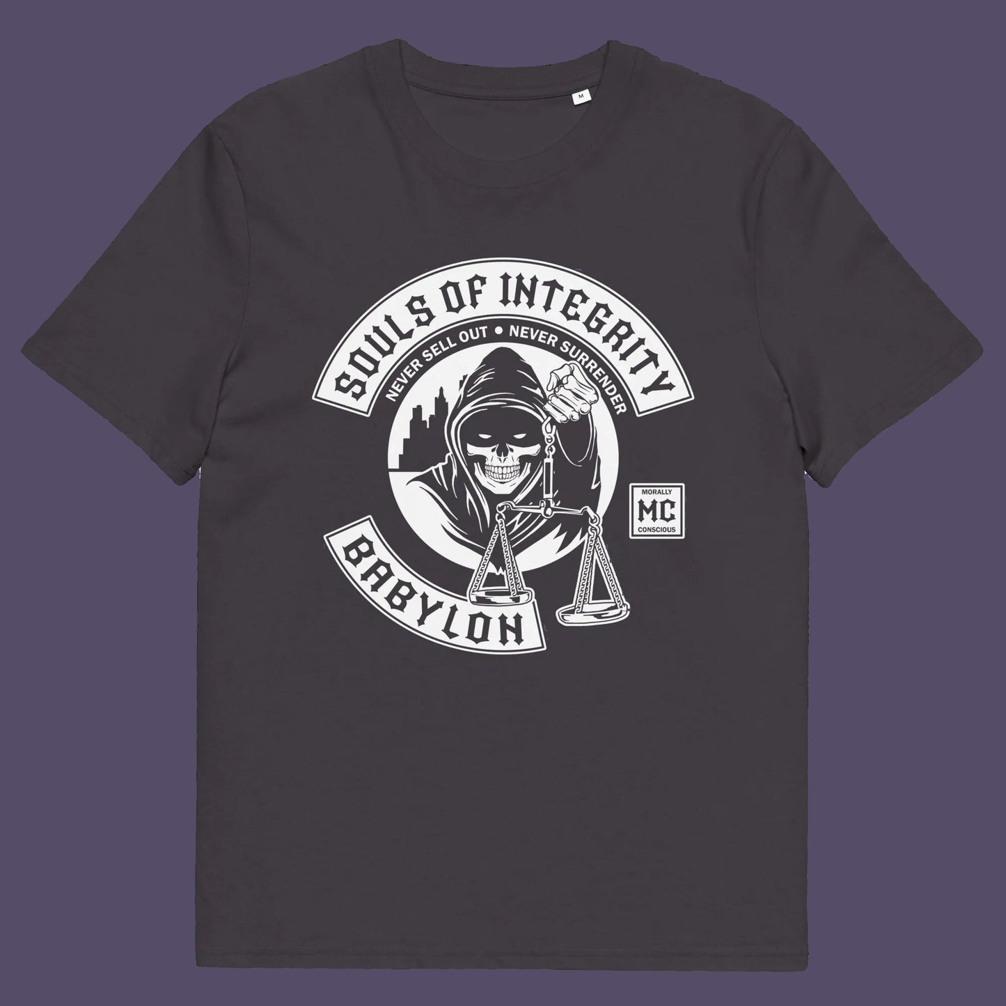 Anthracite t shirt. A social awareness t shirt promoting ethics and morality. A spoof motorcycle club design for people who still have integrity. This design satirically representing how few people are left with a moral conscience in a corrupt world, or as the Rastafarians call it, BABYLON. Made from 100% organic ring-spun cotton, these social issues t shirts are unisex, high-quality, super comfy, and best of all, eco-friendly.