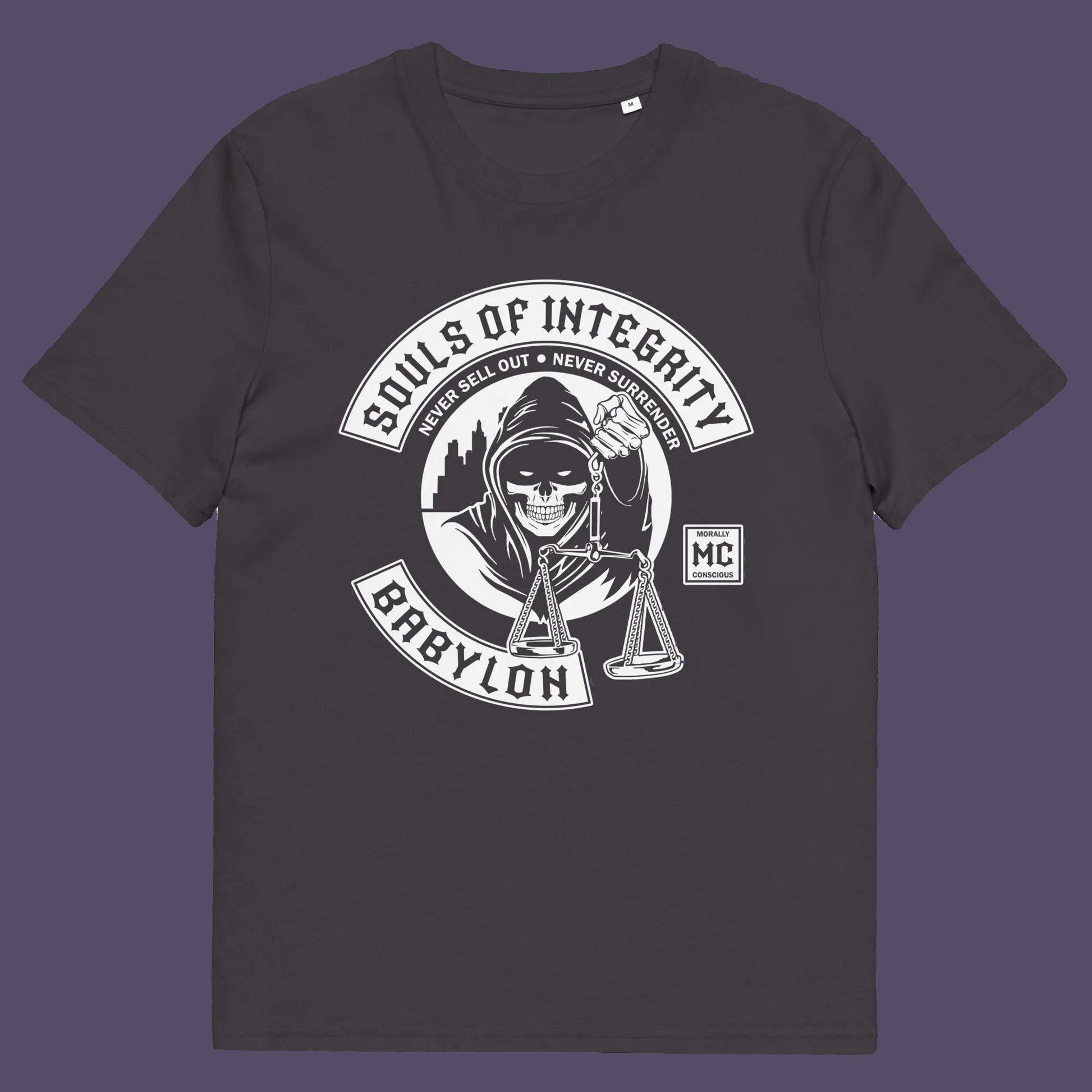 Anthracite t shirt. A social awareness t shirt promoting ethics and morality. A spoof motorcycle club design for people who still have integrity. This design satirically representing how few people are left with a moral conscience in a corrupt world, or as the Rastafarians call it, BABYLON. Made from 100% organic ring-spun cotton, these social issues t shirts are unisex, high-quality, super comfy, and best of all, eco-friendly.