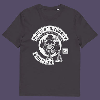Anthracite t shirt. A social awareness t shirt promoting ethics and morality. A spoof motorcycle club design for people who still have integrity. This design satirically representing how few people are left with a moral conscience in a corrupt world, or as the Rastafarians call it, BABYLON. Made from 100% organic ring-spun cotton, these social issues t shirts are unisex, high-quality, super comfy, and best of all, eco-friendly.