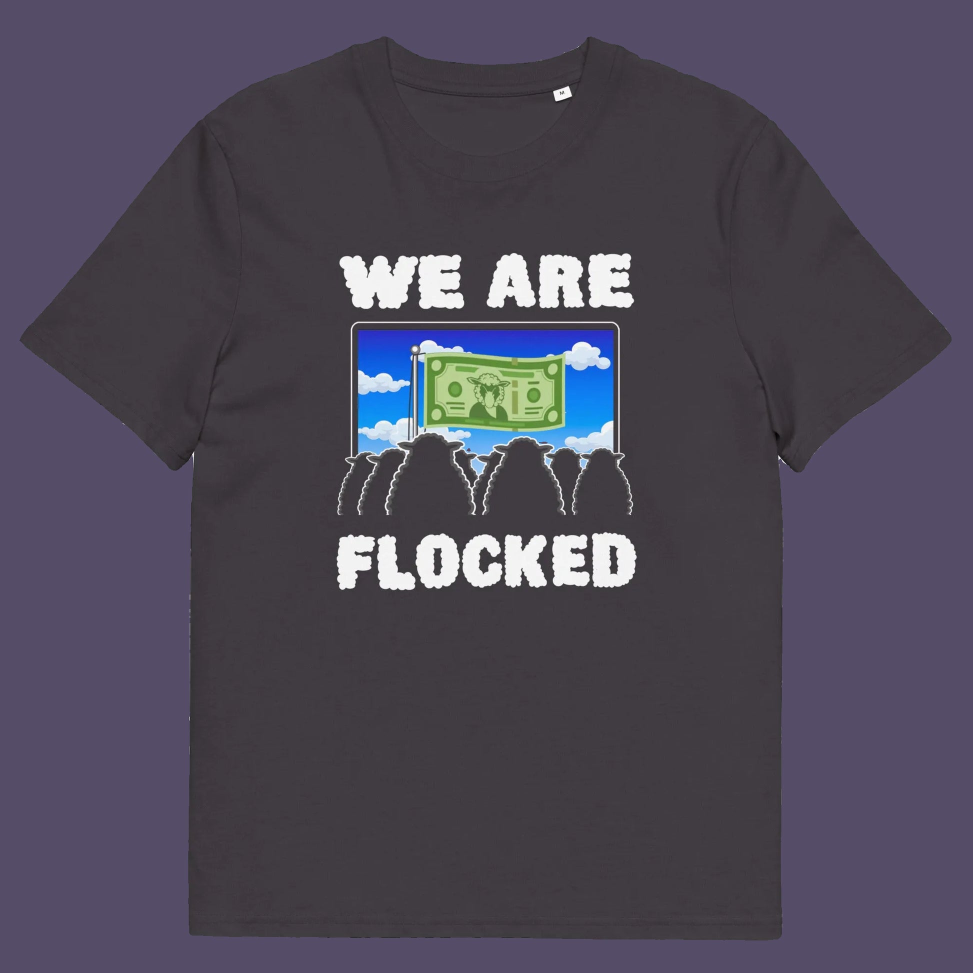Anthracite t shirt. A funny broken society t shirt depicting people as a flock of sheep obsessed with money and screens. This urban art design uses Satirical humour to address the direction of our society, and the main forces of attraction in it. Made from 100% organic ring-spun cotton, these social issues t shirts are unisex, high quality, super comfy, and best of all, eco-friendly.