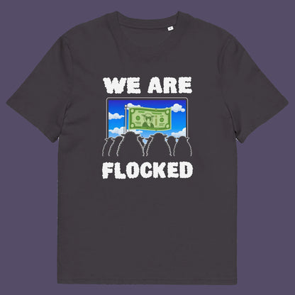 Anthracite t shirt. A funny broken society t shirt depicting people as a flock of sheep obsessed with money and screens. This urban art design uses Satirical humour to address the direction of our society, and the main forces of attraction in it. Made from 100% organic ring-spun cotton, these social issues t shirts are unisex, high quality, super comfy, and best of all, eco-friendly.